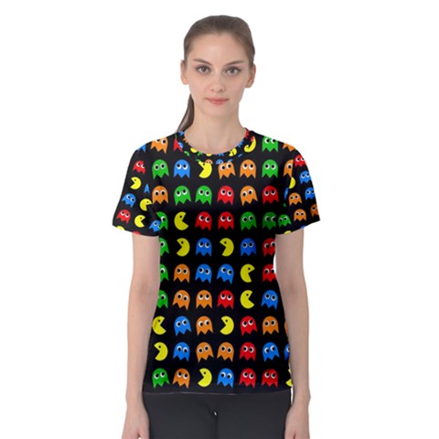 Pacman Seamless Generated Monster Eat Hungry Eye Mask Face Rainbow Color Women s Sport Mesh Tee by Mariart