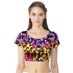 Purple Yellow Flower Plant Short Sleeve Crop Top (Tight Fit)