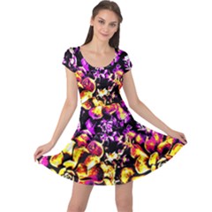 Purple Yellow Flower Plant Cap Sleeve Dresses