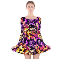 Purple Yellow Flower Plant Long Sleeve Velvet Skater Dress