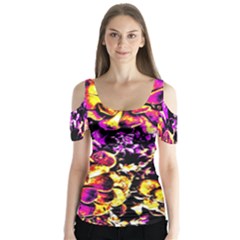 Purple Yellow Flower Plant Butterfly Sleeve Cutout Tee 