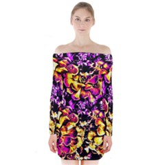 Purple Yellow Flower Plant Long Sleeve Off Shoulder Dress