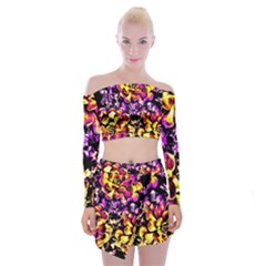 Purple Yellow Flower Plant Off Shoulder Top with Skirt Set