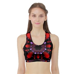 Fractal Red Violet Symmetric Spheres On Black Sports Bra with Border