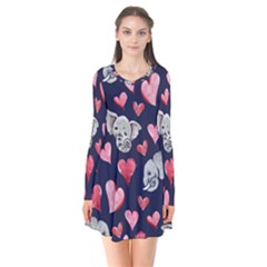 Elephant Lover Hearts Elephants Long Sleeve V-neck Flare Dress by BubbSnugg