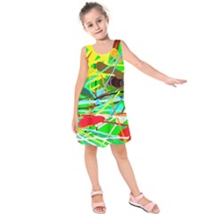 Colorful Painting On A Green Background             Kid s Sleeveless Dress