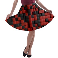 Black Red Tiles Checkerboard A-line Skater Skirt