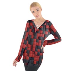 Black Red Tiles Checkerboard Women s Tie Up Tee