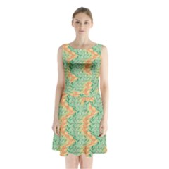 Emerald And Salmon Pattern Sleeveless Waist Tie Chiffon Dress by linceazul