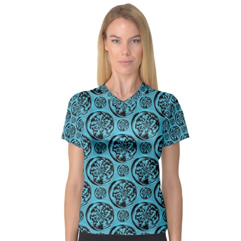 Turquoise Pattern Women s V-neck Sport Mesh Tee by linceazul
