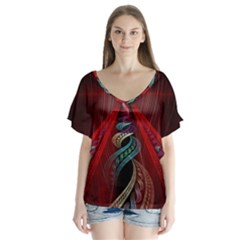 Artistic Blue Gold Red Flutter Sleeve Top