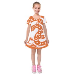 Chinese Zodiac Horoscope Snake Star Orange Kids  Short Sleeve Velvet Dress