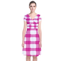 Hot Pink Brush Stroke Plaid Tech White Short Sleeve Front Wrap Dress by Mariart