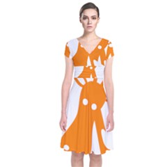 Giraffe Animals Face Orange Short Sleeve Front Wrap Dress