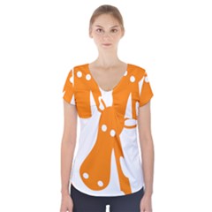 Giraffe Animals Face Orange Short Sleeve Front Detail Top