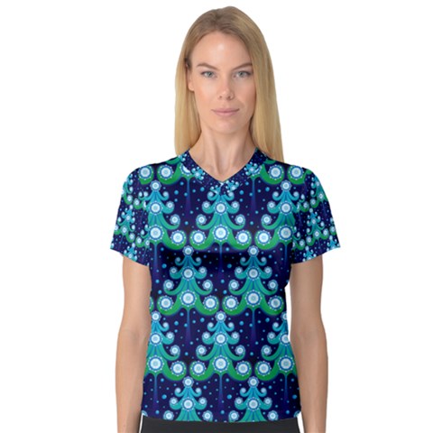 Christmas Tree Snow Green Blue Women s V-neck Sport Mesh Tee by Mariart