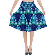 Christmas Tree Snow Green Blue Flared Midi Skirt by Mariart