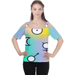 Illustrated Moon Circle Polka Dot Rainbow Women s Cutout Shoulder Tee