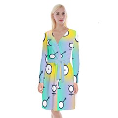 Illustrated Moon Circle Polka Dot Rainbow Long Sleeve Velvet Front Wrap Dress