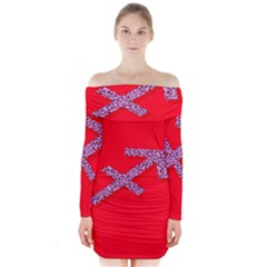 Illustrated Zodiac Star Red Purple Long Sleeve Off Shoulder Dress