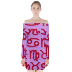 Illustrated Zodiac Red Purple Star Long Sleeve Off Shoulder Dress by Mariart