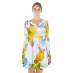 Lamp Color Rainbow Light Long Sleeve Velvet V-neck Dress by Mariart