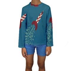 Rocket Ship Space Blue Sky Red White Fly Kids  Long Sleeve Swimwear by Mariart