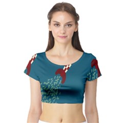 Rocket Ship Space Blue Sky Red White Fly Short Sleeve Crop Top (Tight Fit)