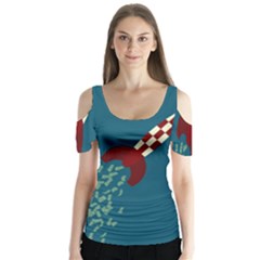 Rocket Ship Space Blue Sky Red White Fly Butterfly Sleeve Cutout Tee 