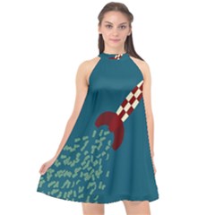 Rocket Ship Space Blue Sky Red White Fly Halter Neckline Chiffon Dress 