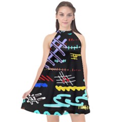 Funny Abstract Painting On Black Background Halter Neckline Chiffon Dress 