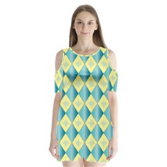 Yellow Blue Diamond Chevron Wave Shoulder Cutout Velvet  One Piece by Mariart