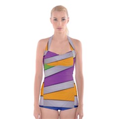 Colorful Geometry Shapes Line Green Grey Pirple Yellow Blue Boyleg Halter Swimsuit  by Mariart