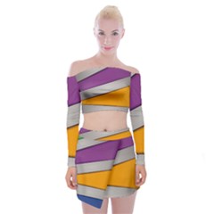 Colorful Geometry Shapes Line Green Grey Pirple Yellow Blue Off Shoulder Top With Skirt Set