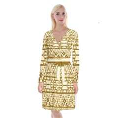 Geometric Seamless Aztec Gold Long Sleeve Velvet Front Wrap Dress