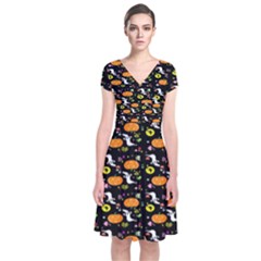 Ghost Pumkin Craft Halloween Hearts Short Sleeve Front Wrap Dress