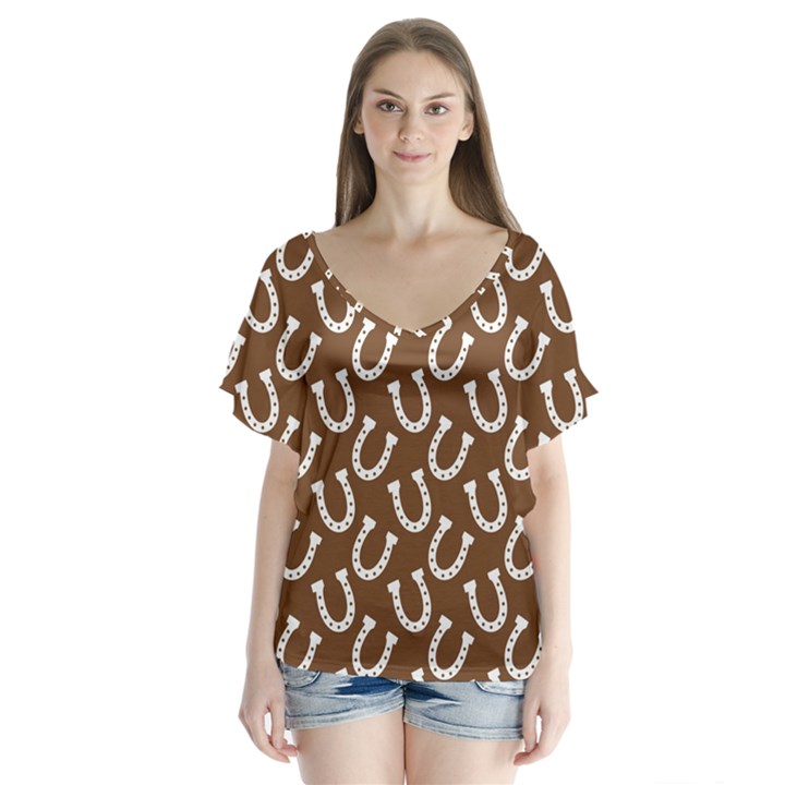 Horse Shoes Iron White Brown Flutter Sleeve Top