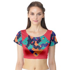 Plaid Red Sign Orange Blue Short Sleeve Crop Top (tight Fit) by Mariart