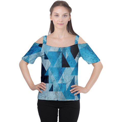 Plane And Solid Geometry Charming Plaid Triangle Blue Black Women s Cutout Shoulder Tee by Mariart