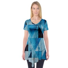 Plane And Solid Geometry Charming Plaid Triangle Blue Black Short Sleeve Tunic  by Mariart