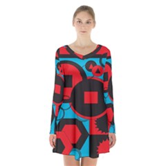 Stancilm Circle Round Plaid Triangle Red Blue Black Long Sleeve Velvet V-neck Dress by Mariart