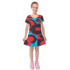 Stancilm Circle Round Plaid Triangle Red Blue Black Kids  Short Sleeve Velvet Dress