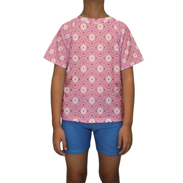 Sunflower Star White Pink Chevron Wave Polka Kids  Short Sleeve Swimwear