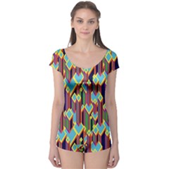 Building City Plaid Chevron Wave Blue Green Boyleg Leotard 