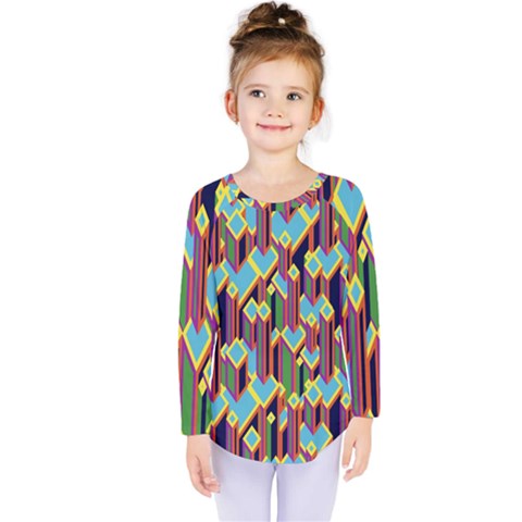 Building City Plaid Chevron Wave Blue Green Kids  Long Sleeve Tee by Mariart