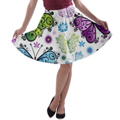 Butterfly Animals Fly Purple Green Blue Polkadot Flower Floral Star A-line Skater Skirt by Mariart