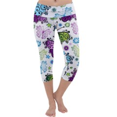 Butterfly Animals Fly Purple Green Blue Polkadot Flower Floral Star Capri Yoga Leggings by Mariart