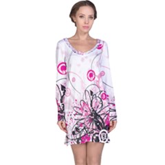 Wreaths Frame Flower Floral Pink Black Long Sleeve Nightdress