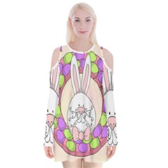 Make An Easter Egg Wreath Rabbit Face Cute Pink White Velvet Long Sleeve Shoulder Cutout Dress by Mariart