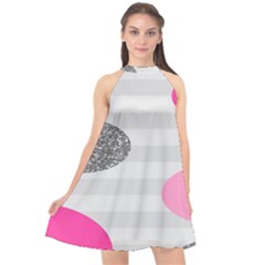 Polkadot Circle Round Line Red Pink Grey Diamond Halter Neckline Chiffon Dress 